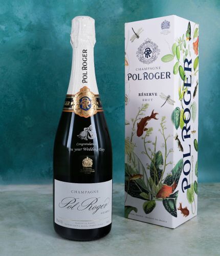 Pol Roger Champagne engraved back and front. We offer magnificent champagne gifts for your friends, family and colleagues. This beautiful gift boxed champagne bottle is a great gift for a wedding, an anniversary or a birthday. Engraving is Included