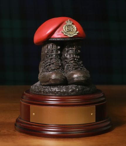 Royal Military Police Tactical Boots and Painted Beret, cast in cold resin bronze and mounted on a choice of presentation bases with included optional engraved brass plate.