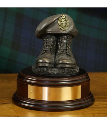 Princess of Wales's Royal Regiment (PWRR) Drill Boots and Beret, cast in cold resin bronze and mounted on a wooden base with optional engraved brass plate.
