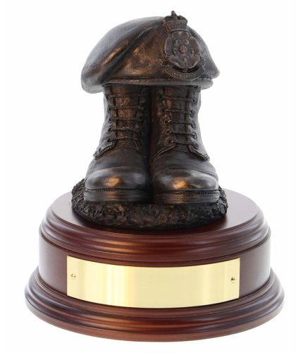 Queen's Regiment Boots and Beret, cast in cold resin bronze and mounted on a wooden base with optional engraved brass plate.