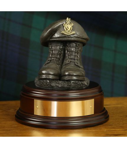 The Queen's Royal Hussars (QRH) Boots and Beret, cast in cold resin bronze and mounted on a wooden base with an optional engraved brass plate.