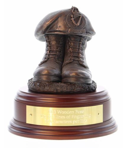Queen's Royal Irish Hussars (QRIH) Boots and Beret, cast in cold resin bronze and we offer this Boots and Beret on a choice of presentation bases, the BB2, BB3 and BB4 have room to add an engraved plate.