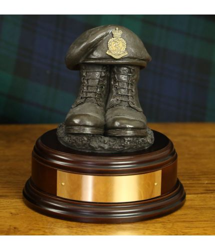 Royal Army Medical Corps, RAMC, Drill Boots and Beret, cast in cold resin bronze and mounted on a variety of wooden presentation bases. Some with included optional engraved brass plate.