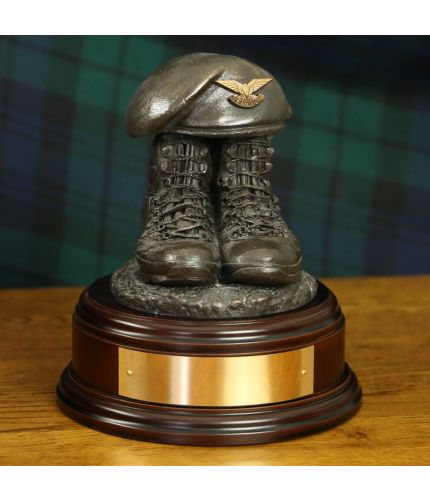 Ranger Regiment, Modern Tactical Boots and Beret, hand made in cold cast bronze resin. They make great presentations to serving soldiers for promotions, retirements or event awards. We offer a choice of bases and free engraving