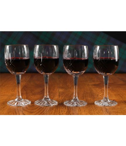 Four panel cut red wine goblets in a presentation box. We offer free engraving in the front panels of each item and the set is completed with a lovely presentation box.