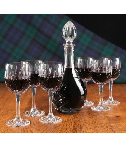 This is a 7 piece Red Wine Hosting Set consisting of a Wine Decanter and 6 Red Wine Glasses. They are Mixed in Style which means that the glasses are fully cut and the decanter is plain.