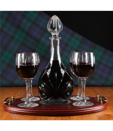 This is a 5 piece Red Wine Serving Tray Set consisting of a Wine Decanter, 4 Red Wine Glasses and a wooden serving tray. They are Mixed in Style which means that the glasses are fully cut and the decanter is plain.