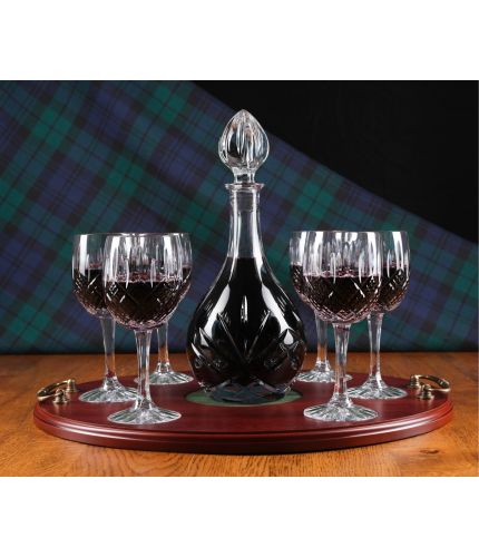 This is a 7 piece Red Wine Serving Tray Set consisting of a Wine Decanter, 6 Red Wine Glasses and a wooden serving tray. They are Mixed in Style which means that the glasses are fully cut and the decanter is plain. Engraving on the Decanter is included.