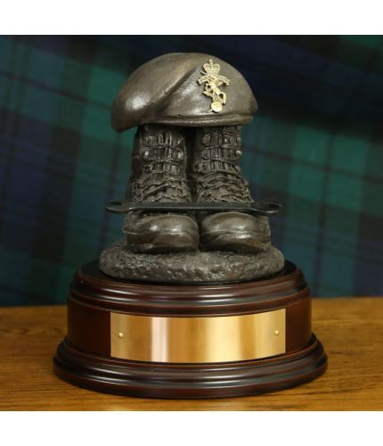 Royal Electrical and Mechanical Engineers (REME) Modern Tactical Boots and Beret, cast in cold resin bronze and mounted on a square presentation base with included optional engraved brass plate.