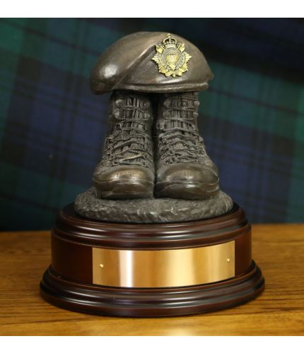 Royal Logistic Corps or RLC Tactical Boots and Beret, cast in cold resin bronze and mounted on a variety of wooden presentation bases. Some with included optional engraved brass plate.