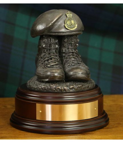 Royal Military Academy Sandhurst Drill Boots and Beret. This is the King Charles III option. There is a choice of wooden base, and where applicable we offer free engraving 