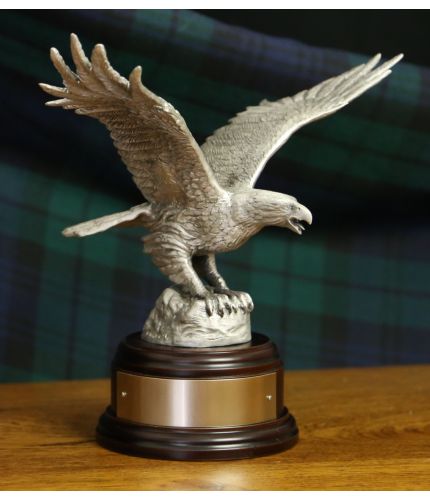 Royal Air Force Eagle cast in buffed pewter. There are various wooden base options and we a Nickel Silver Engraved plate if required.