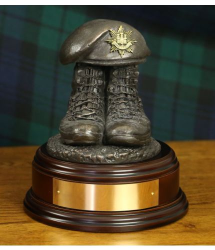 Royal Anglian Regiment Tactical Boots and Beret, cast in cold resin bronze and mounted on a wooden base with included optional engraved brass plate on BD2, BD3 and BD4 Bases