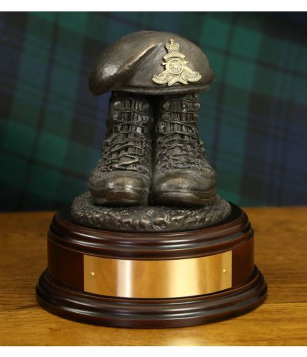 Royal Artillery Boots and Beret, cast in cold resin bronze and mounted on a choice of wooden base with included optional engraved brass plate.