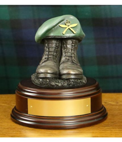 Gurkha Brigade Bronze Drill Boots and Painted Green Beret. We mount it on a variety of wooden presentation bases. Some with included optional engraved brass plate.