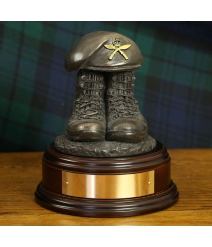 Royal Gurkha Rifles Tactical Boots and Beret, cast in cold resin bronze and mounted on a variety of wooden presentation bases. Some with included optional engraved brass plate.