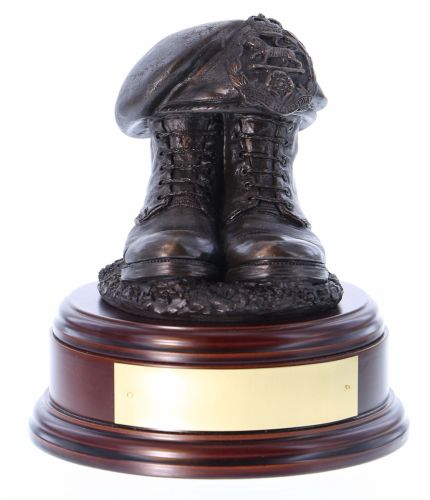 Royal Hampshire Regiment Boots and Beret, cast in cold resin bronze and mounted on a choice of wooden base with optional engraved brass plate.
