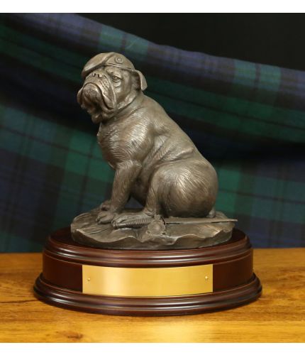 A Cold Cast Bronze Royal Marine Bulldog. He's wearing a Royal Marine Beret and has a traditional Sykes Dagger at his feet.  We offer a choice of bases and include a fully engraved brass plate with this sculpture. 