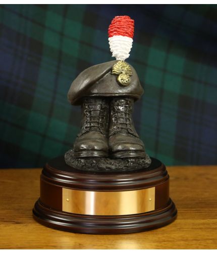 Royal Regiment of Fusiliers, RRF, DRILL Boots and Beret, handmade and cast in cold resin bronze, mounted on a square presentation base. We can fit an engraved brass plate to most Bases