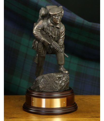 Royal Regiment of Scotland Infantryman bronze 'Alert' Sculpture. 11" Scale he is equipped with an SA80 rifle, webbing and rucksack. We offer a choice of wooden base and an optional engraved brass plate.