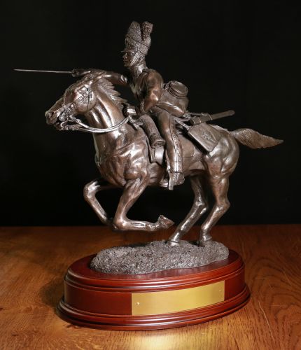 Charge of the Household Brigade during the Battle of Waterloo in 1815. This is our 14 inch tall cold cast bronze display sculpture We offer a choice of wooden bases and an engraved plate with your order