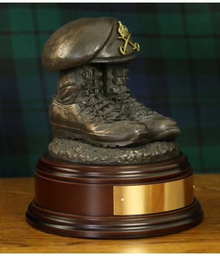 Royal Army Physical Training Corps Old Boots and Beret, cast in cold cast bronze and mounted on a choice of wooden base with optional engraved brass plate.
