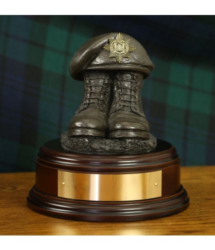 Queen's Royal Hussars (QRH) Boots and Beret, cast in cold resin bronze and mounted on a wooden base with an optional engraved brass plate.