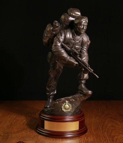 A Sculpture of a Royal Marines Commando in cold cast Bronze. This is the Commando Alert, posed for action on operations worldwide. The Engraved brass plate is included.