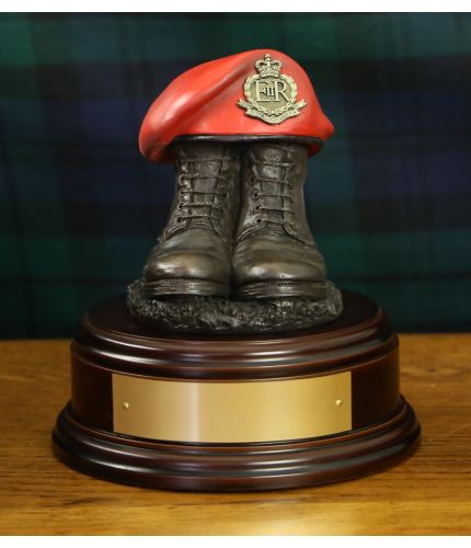Royal Military Police Boots and Painted Beret, cast in cold resin bronze and mounted on a choice of presentation bases with included optional engraved brass plate.
