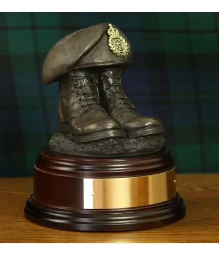 Royal Navy Chief Petty Officer Boots and Beret, cast in cold resin bronze and mounted on a variety of wooden presentation bases. Some with included optional engraved brass plate.
