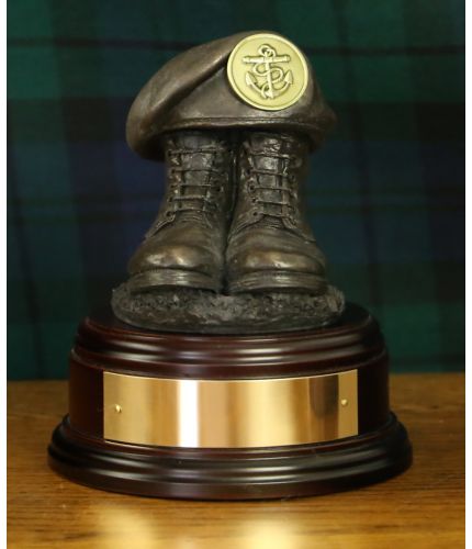 Royal Navy Rating Boots and Beret, cast in cold resin bronze and mounted on a variety of wooden presentation bases. Some with included optional engraved brass plate.
