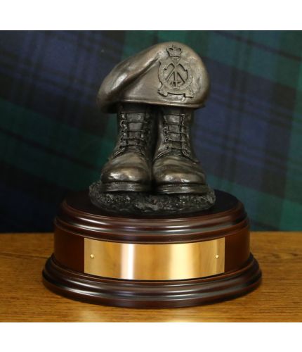 Royal Pioneer Corps Boot and Beret hand made in cold cast bronze. We offer a choice of wooden bases and engraving plate options.