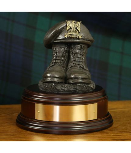Royal Scots Dragoon Guards (RSDG) Boots and Beret, cast in cold resin bronze and mounted onto a choice of wooden bases with an optional engraved brass plate