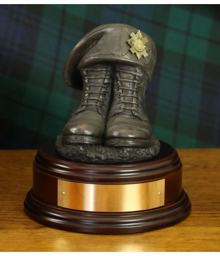 Kings Own Scottish Borderers or KOSB Boots and TOS, cast in cold resin bronze and mounted on a variety of wooden presentation bases. Some with included optional engraved brass plate.