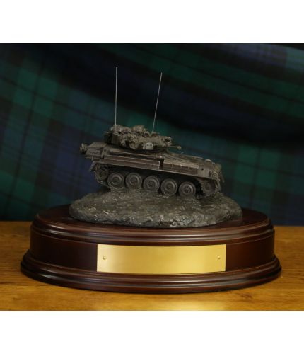 British Army Scimitar Recce Vehicle in the cold cast bronze finish. We mount it on this base as standard and you can have the badge of your choice mounted on the base as seen.