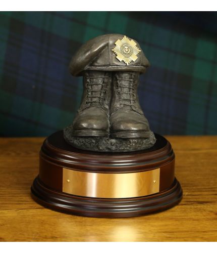 Scots Guards Drill Boots and Beret, cast in cold resin bronze and mounted on a choice of wooden base with optional engraved brass plate.