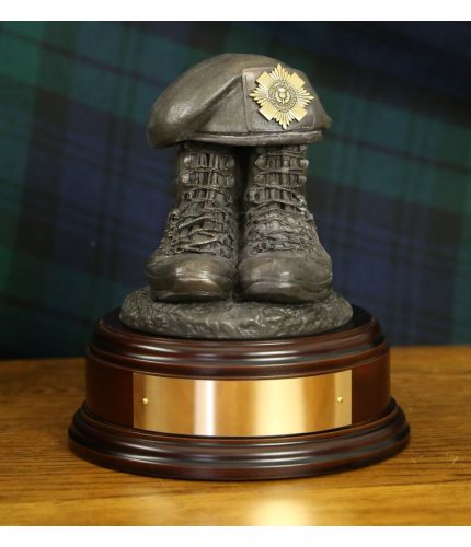 Scots Guards Drill Boots and Beret, cast in cold resin bronze and mounted on a choice of wooden base with optional engraved brass plate.