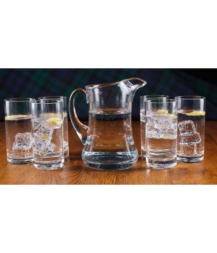 A table set consisting of a water jug and six highball tumblers, we also offer free hand engraving.