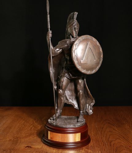 Spartan Hoplite warrior at the Battle of Thermopylae in 12" scale cold cast bronze Circa 480BC. We include a choice of wooden bases and an engraved brass plate.