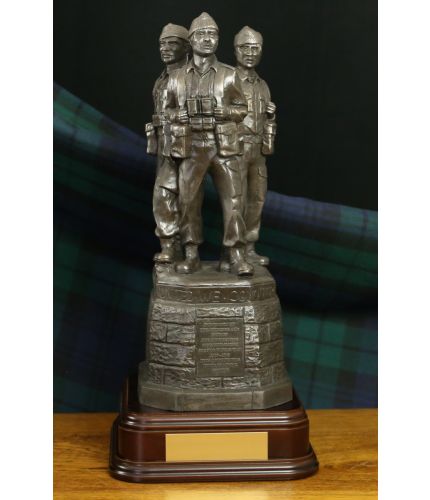 Our statue is an exact 8" scale replica of the Commando Memorial at Spean Bridge in the Great Glen of Scotland, except in this version, the base section is in a bronze finish. Engraved Brass plate is included