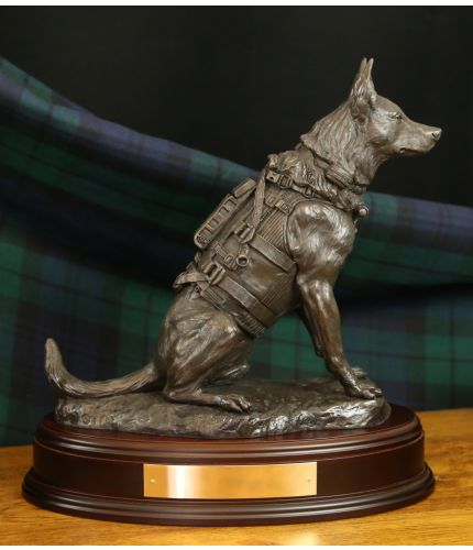 Belgian Malinois Dogs support the Special Forces in Combat. Our sculpture is cast cold cast bronze and is provided on this base as standard, we also include an engraved brass plate.