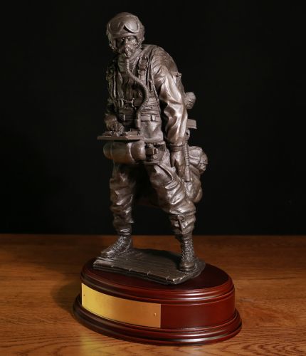 Special Forces Trooper ready for a HAHO jump onto dry land. We make the finest Military Presentation, Retirement and Farewell gifts on the market. 12" scale cold cast bronze resin sculpture. An Engraved Brass plate is included