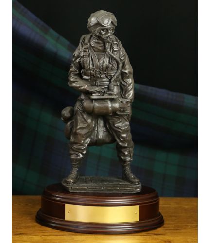 Special Forces Trooper ready for a HAHO jump onto dry land. We make the finest Military Presentation, Retirement and Farewell gifts on the market. 12" scale cold cast bronze resin sculpture. An Engraved Brass plate is encluded.