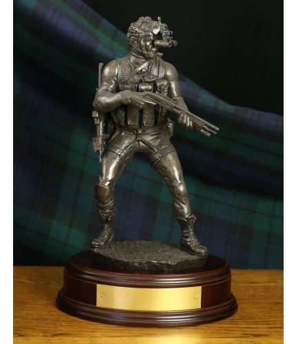 This is a 12" scale sculpture of a Special Forces Frogman in the Maritime Counter Terrorist Role. We include the wooden base you can see here and an engraved brass plate as standard.