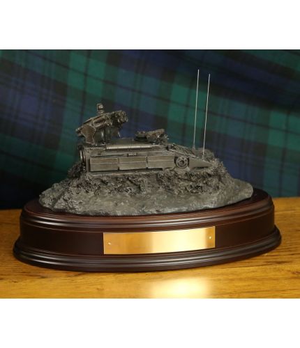 Royal Artillery Stormer Anti Aircraft Vehicle 'cammed up' and ready to fire. We provide a choice of wooden base and an engraved brass plate as part of the product.