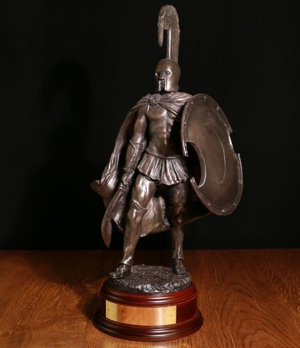 12" Scale Cold Cast Bronze Sculpture of a Thespian Hoplite Circa 480BC at the Battle of Thermopylae. We include the wooden base and an engraved brass plate, (if required).