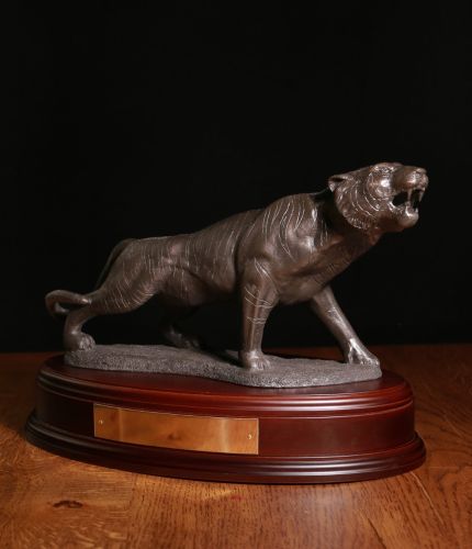 This a lovely cold cast bronze sculpture of a Male Tiger in a snarling pose. We include the wooden base as seen and an engraved brass plate as part of the standard service.