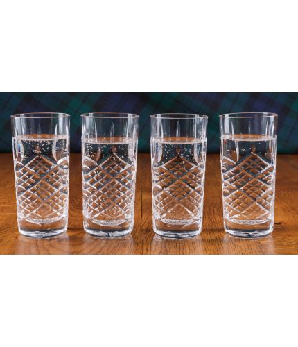 A set of four of Panel Style crystal highball glasses. These are perfect for that summer day in the garden, with a long cold alcoholic or soft drink. They are sold fully engraved on the clear panel. (Sold in one box of four)