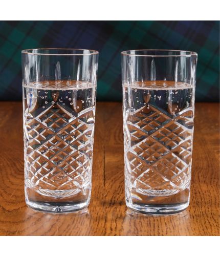 A set of two fully cut crystal highball glasses. These are perfect for that summer day in the garden, with a long cold alcoholic or soft drink. As they are crystal, they need to be hand washed