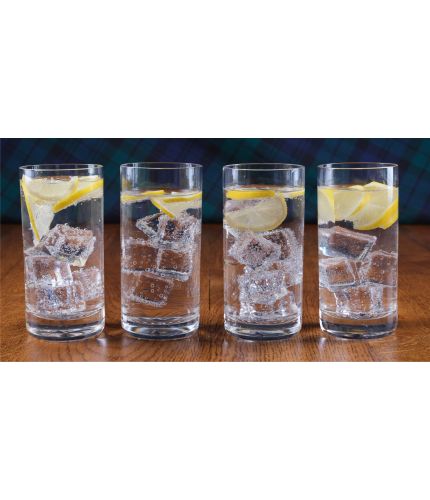A set of four of plain style crystal highball glasses. These are perfect for that summer day in the garden, with a long cold alcoholic or soft drink. They are sold fully engraved.